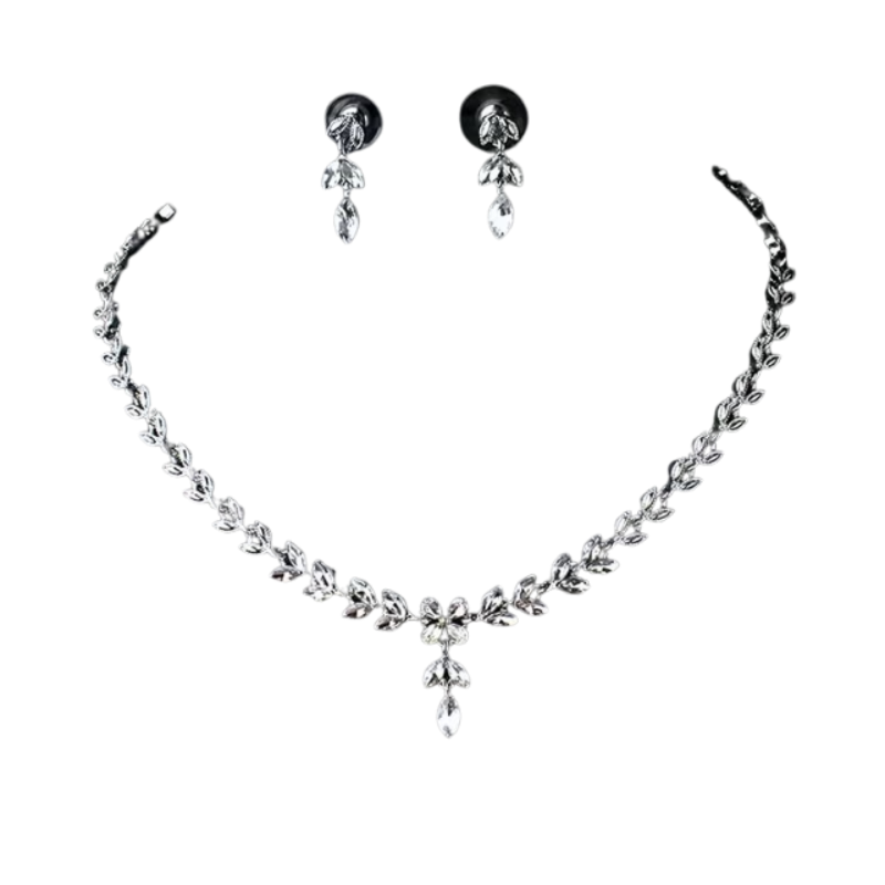 Stylish Elegant Leaf Necklace Zircon Earrings