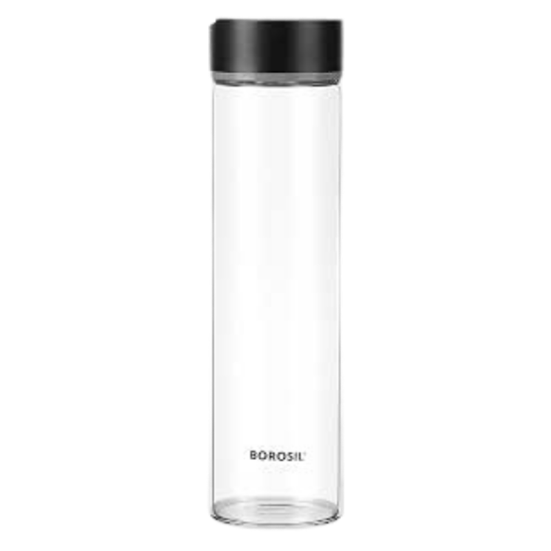 Borosil NEO Glass Water Bottle|Fridge Bottle|Sports Bottle|Yoga Bottle|Outdoor|Picnic|Easy to Carry|Leak Proof|Resusable with Stainless Steel Black Lid 550 ML Transparent|Clear| See Through
