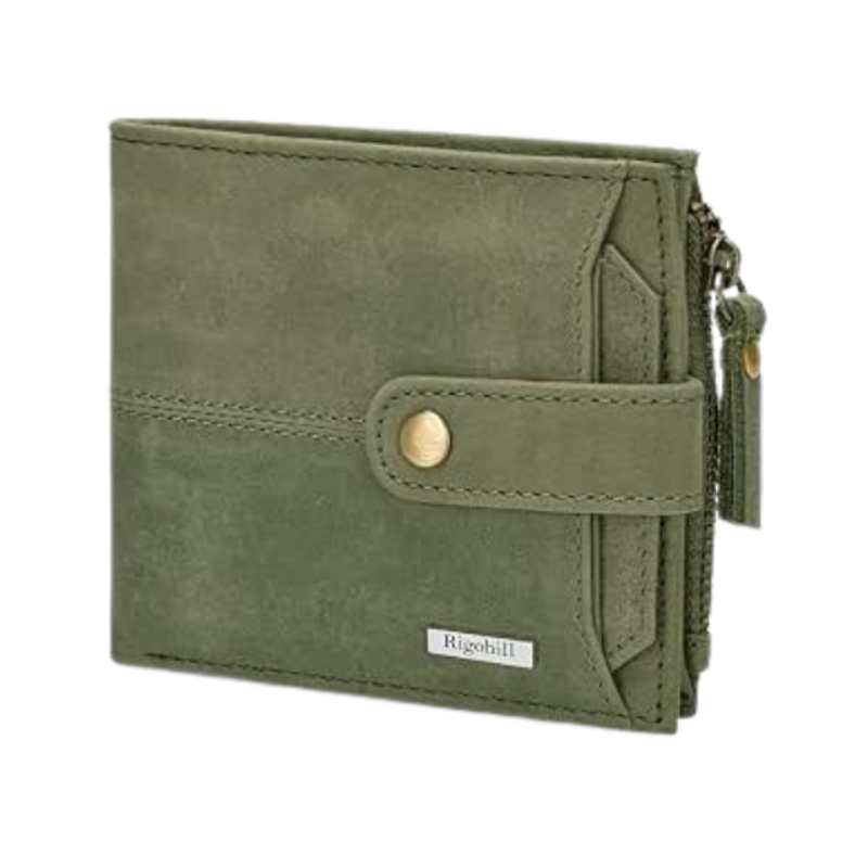Rigohill Doger Olive Green Leather Wallet For Men, 2 Card Slot | RFID Wallet