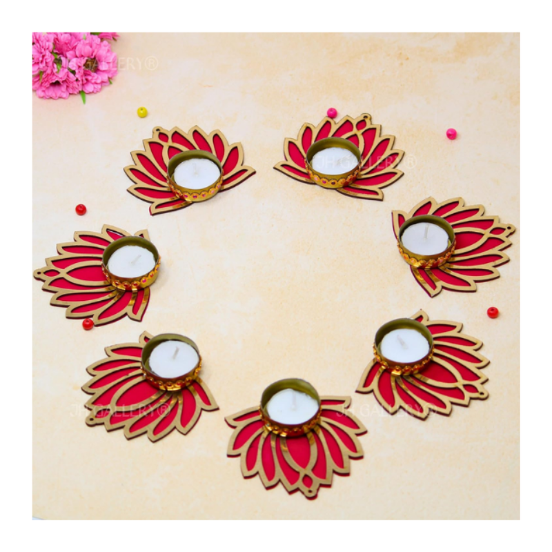 Jh Gallery Handcrafted Lotus Tealight Candle Holder | Reusable Rangoli For Floor Home Decoration Item Diwali Diya Pooja - Pack Of 7