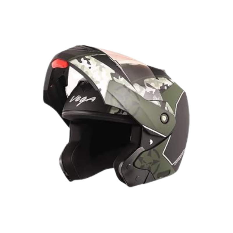Vega Crux Dx Camouflage Smooth Matt Finish Flip-Up Helmet for Men and Women with Clear Visor(Dull Black Battle Green, Size:L)