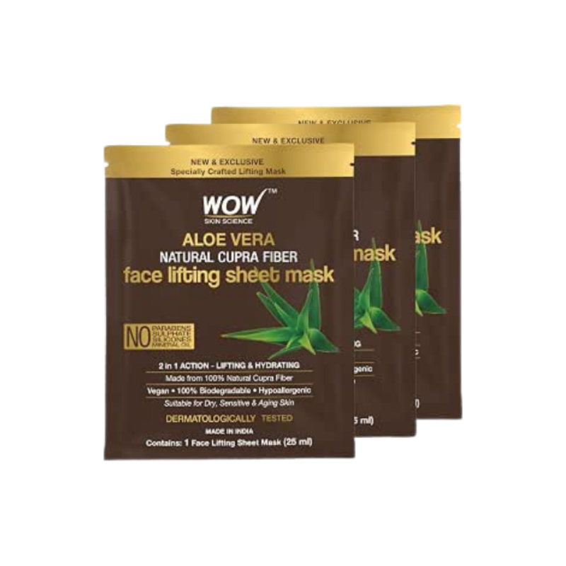 WOW Skin Science Aloe Vera Natural Cupra Fiber Face Lifting Sheet Mask - For Skin Toning And Skin Brightening - 25mL - Pack of 3