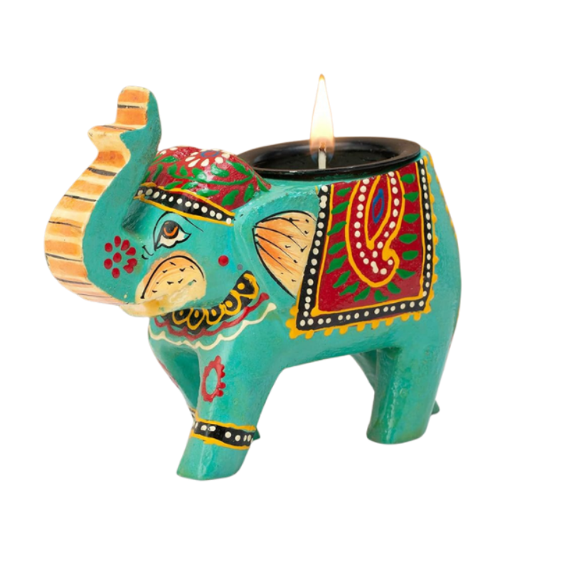 JH Gallery Home Decor Handcrafted and Colorful Wooden Elephant Tea Light Holder, (4 Inches, Blue, Pack of 1)