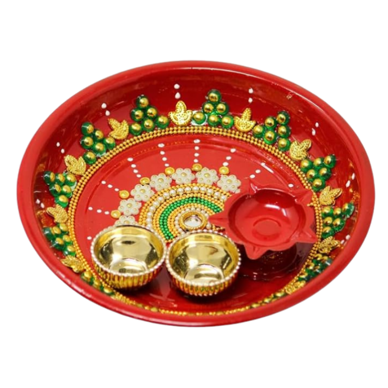 Jh Gallery Handmade Decorative Pooja Thali, Puja Plate, Karwachauth Thali Set | Diwali Gift Items | Decorative Items For Pooja | Aarti Thali Decorative - 6 Inches(Pts-001) - Red