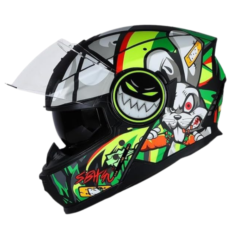 Steelbird Crazy Doe Bluetooth Full Face ISI Certified Motorcycling Helmet for Men with Inner Smoke Sun Shield | SBH-40 7Wings (Large 600 MM, Glossy Black Green)