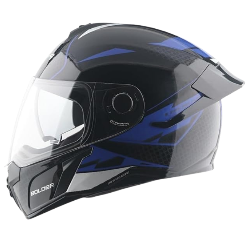 Vega Ryker Bolder Gloss Finish Full Face Dual Visor Helmet for Men and Women Outer Clear Visor and Inner Smoke Sun Visor(Black Blue, Size:L)