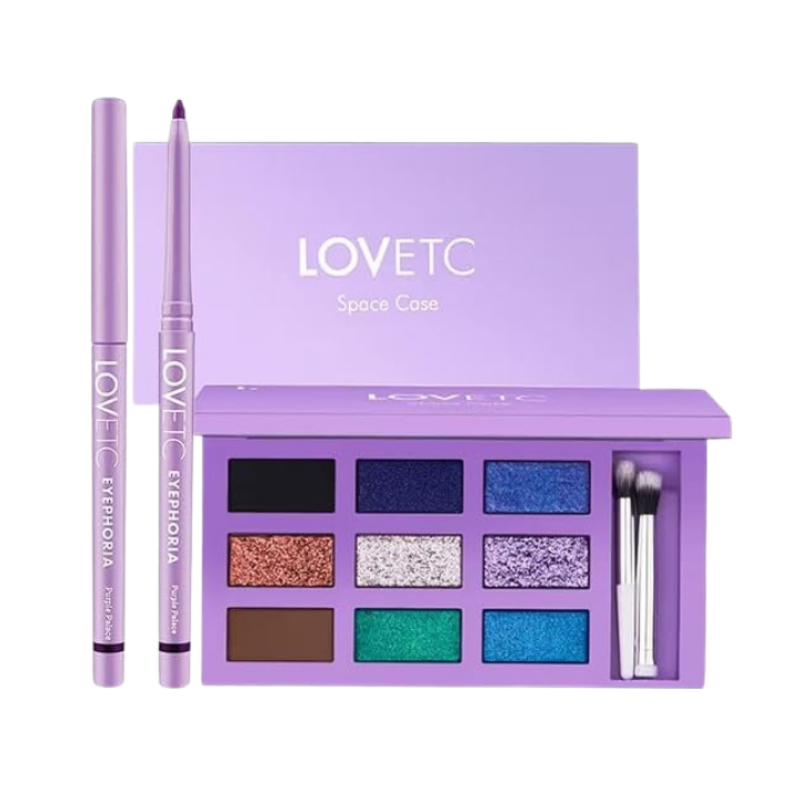 LOVETC Royal Duo Space Case Eyeshadow Palette Set with 9 Metallic Shades, Brush and Eyeliner 2pcs