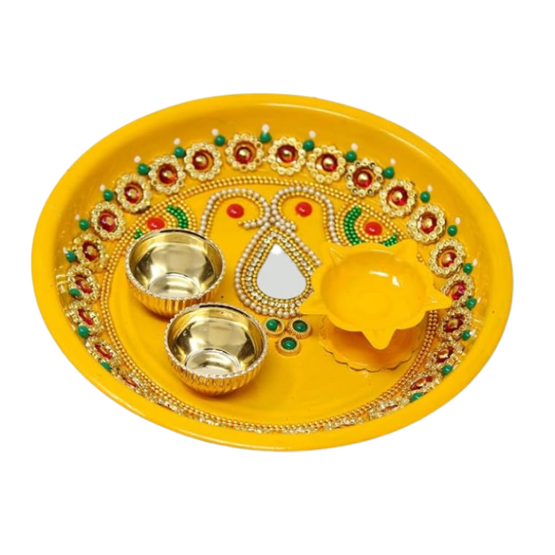 JH Gallery Handmade Decorative Pooja Thali, Puja Plate, Karwachauth Thali Set | Diwali Gift Items | Decorative Items for Pooja | Aarti Thali Decorative - 6 inches(PTS-002)