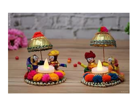 JH Gallery Recycled Material Rajasthani Raja Rani Puppet/Dolls Decorative Tealight Candle Holder (Pack of 2)