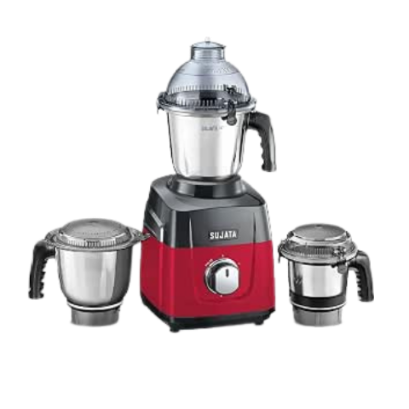 Sujata MG02 Mixer Grinder 1000Watts | Double Ball Bearing Motor|24000 RPM|Non-Stop 90 Mins Running|3 Food Grade Steel Jars including 1500ml Multipurpose, 1000ml Grinder, 500ml Chutney Jar|Red & Black