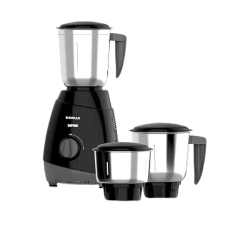 Havells Capture 500W 3 Jar Mixer Grinder, High Speed 21000 RPM Motor, 304 SS Blades, 5 Years Motor Warranty with Overload Protector, 1.5 Ltr Bigger Size Blending Jar I (Black)