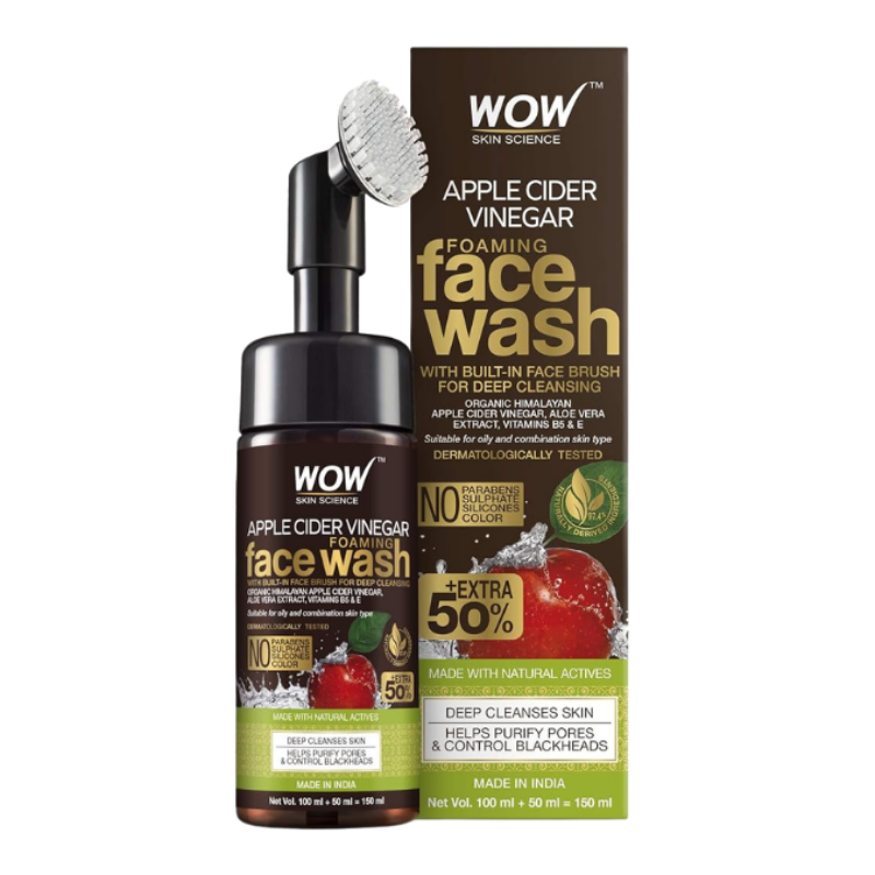 WOW Skin Science Apple Cider Vinegar Foaming Face Wash - No Parabens, Sulphate, Silicones & Color (with Built-in Brush) - 150mL