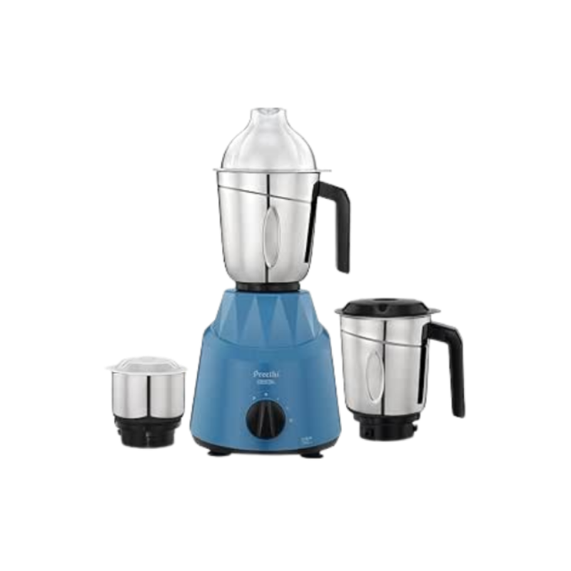 Preethi Plastic Crystal Mg224 Mixer Grinder, 500 Watt, Blue, 3 Jars, Vega W5 Motor Including 5 Years Free Service With Life Long Service Support