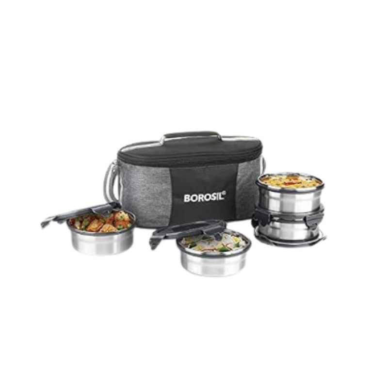 Borosil Feast Stainless Steel Lunch Boxes with Carry Bag, Set of 4 (400 ml x 2, 250 ml x 2), Lunch Boxes for Office & College
