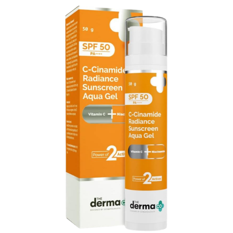 The Derma Co SPF 50 C-Cinamide Radiance Sunscreen Aqua Gel With Vitamin C & Niacinamide | Brightening, Oil-Free & Lightweight Face Sunscreen for Dark Spots with Hydrating Sun Protection, 50g