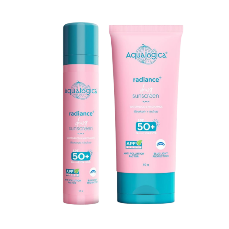 Aqualogica Radiance+ Dewy Sunscreen For All Skin Types With Watermelon & Niacinamide With Spf 50+ & Pa+++ - 50G + 80G, Pack Of 1
