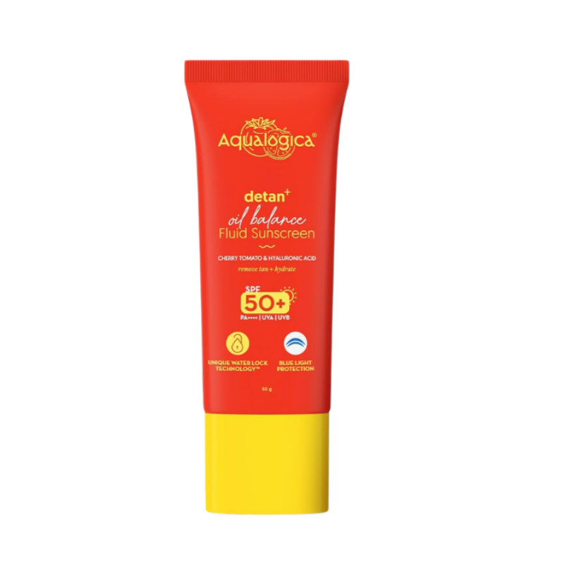 Aqualogica Detan+ Oil Balance Fluid Sunscreen for Oily Skin - 50 g | Water-like Fluid Texture | SPF 50+ PA++++ UVA & UVB Protection | Reduces Tan | Oil Free | Balances Excess oil | Non Greasy | No