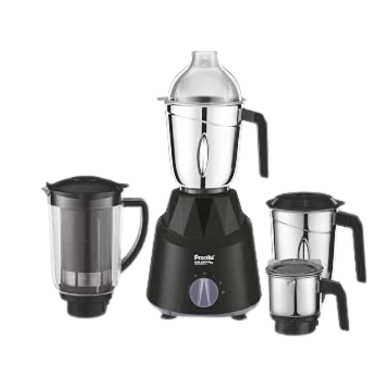 Preethi Galaxy Plus Mixer Grinder for Kitchen - 4 Jars 750 Watt Mixie (3 Stainless steel Jars+1 Super Extractor Juicer Jar), Flexi lids, Vega W5 motor, Black (MG-250)