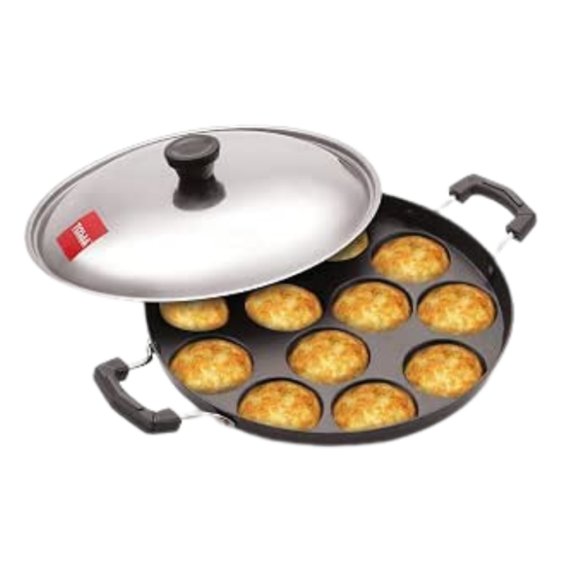 TOSAA 12 Cavity Appam Patra Side Handle with Lid, 23 cm, Black