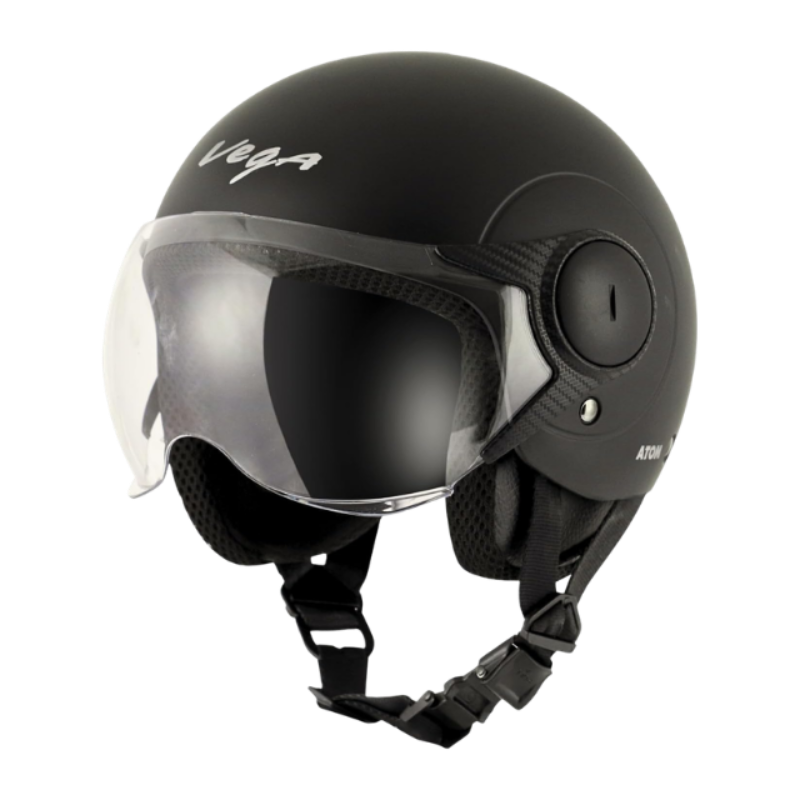 Vega Atom ISI Certified Smooth Matt Finish Open Face Helmet for Men and Women with Clear Visor(Dull Black Size:M)
