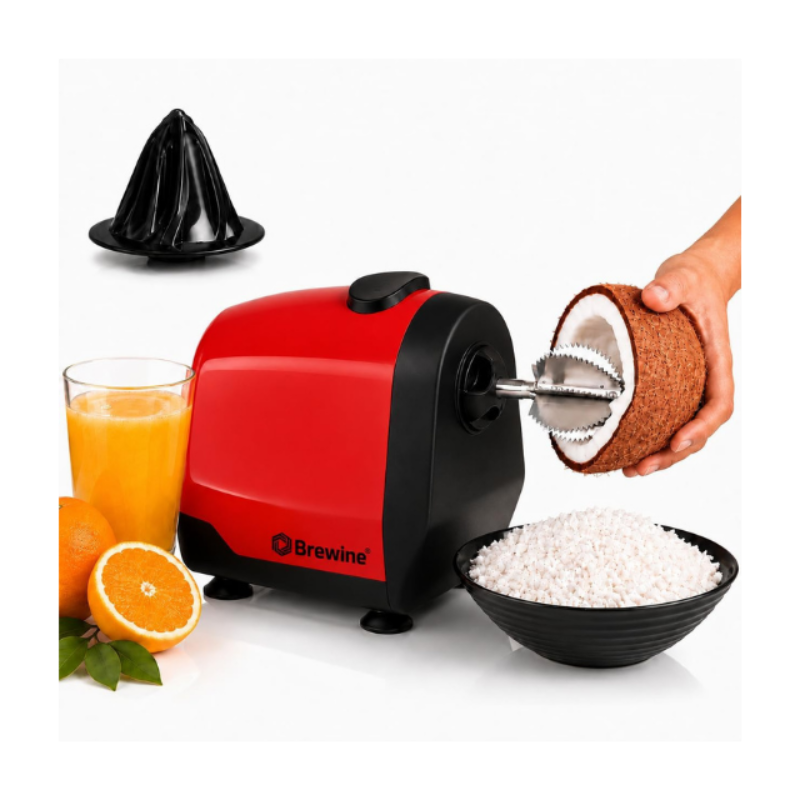Brewine 2-in-1 Coconut Scraper & Citrus Juicer with Dual Speed Settings, Cooling Fan for Ventilation, Stainless Steel Scraping Blade, Splash Guard, Super Suction Feet for Stability, Red, 200 Watts