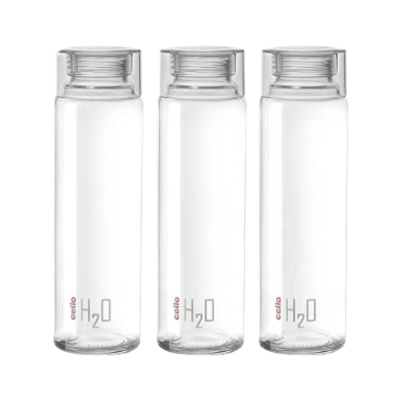 CELLO H2O Round Unbreakable Plastic Water Bottle Premium Edition | Lid is sealed by a silicone ring | Leak proof & break-proof | Best Usage for Office/School/College | 1 Liter | Clear, Set of 3
