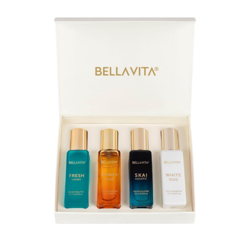 BellaVita Luxury Unisex Perfume Gift Set for Women & Men | Includes Honey OUD, SKAI, FRESH, White OUD, Perfume Set | Long Lasting Perfume Scents | Premium Collection Perfumes (4x20ml)