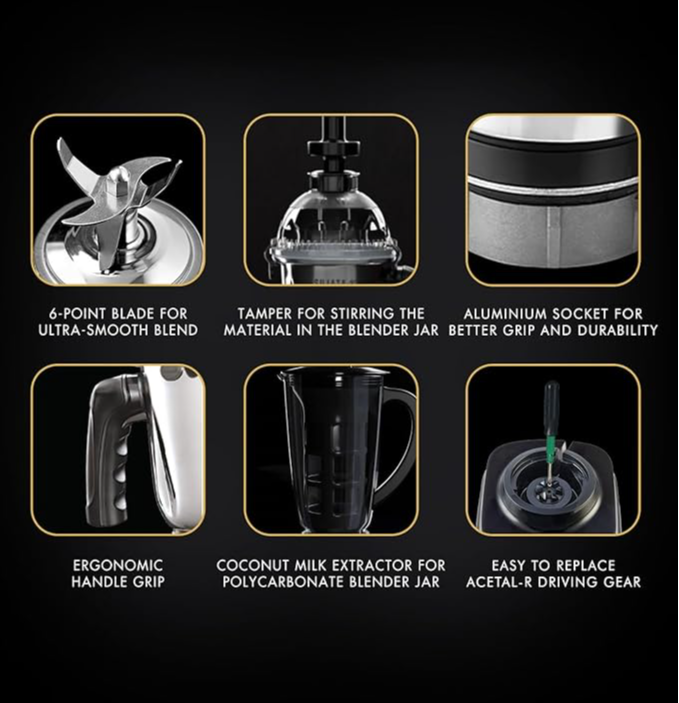 Sujata MG03 Mixer Grinder |1000 Watts Double Ball Bearing Motor|24000 RPM|Non-Stop 90 Mins Running|4 Jars including 1750ml Blender with Coconut Milk Extractor, 1500ml, 1000ml, 500ml Jar| Black