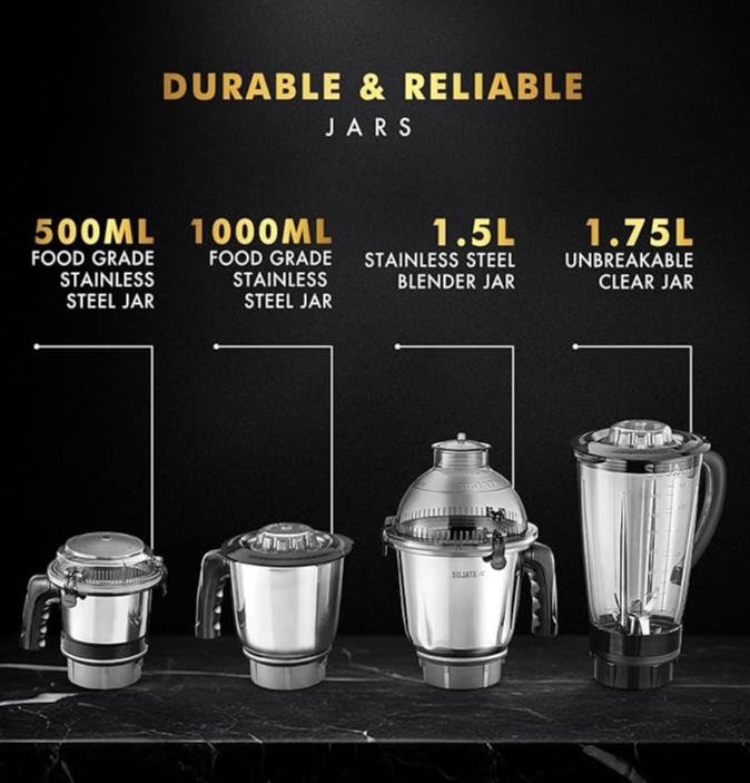Sujata MG03 Mixer Grinder |1000 Watts Double Ball Bearing Motor|24000 RPM|Non-Stop 90 Mins Running|4 Jars including 1750ml Blender with Coconut Milk Extractor, 1500ml, 1000ml, 500ml Jar| Black